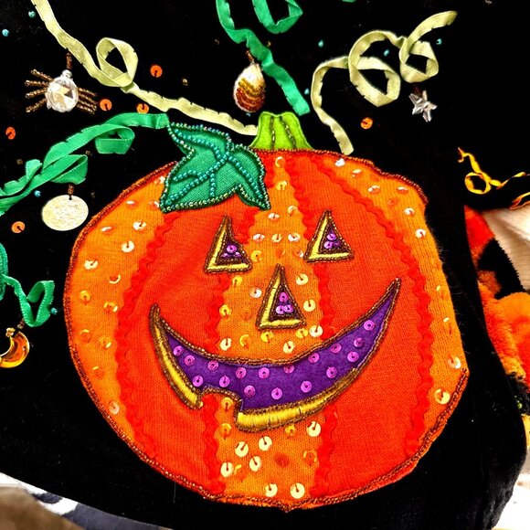 VTG  Jack B Quick Jack O Lantern Top Small  Halloween Black Embellished Applique - Picture 2 of 12